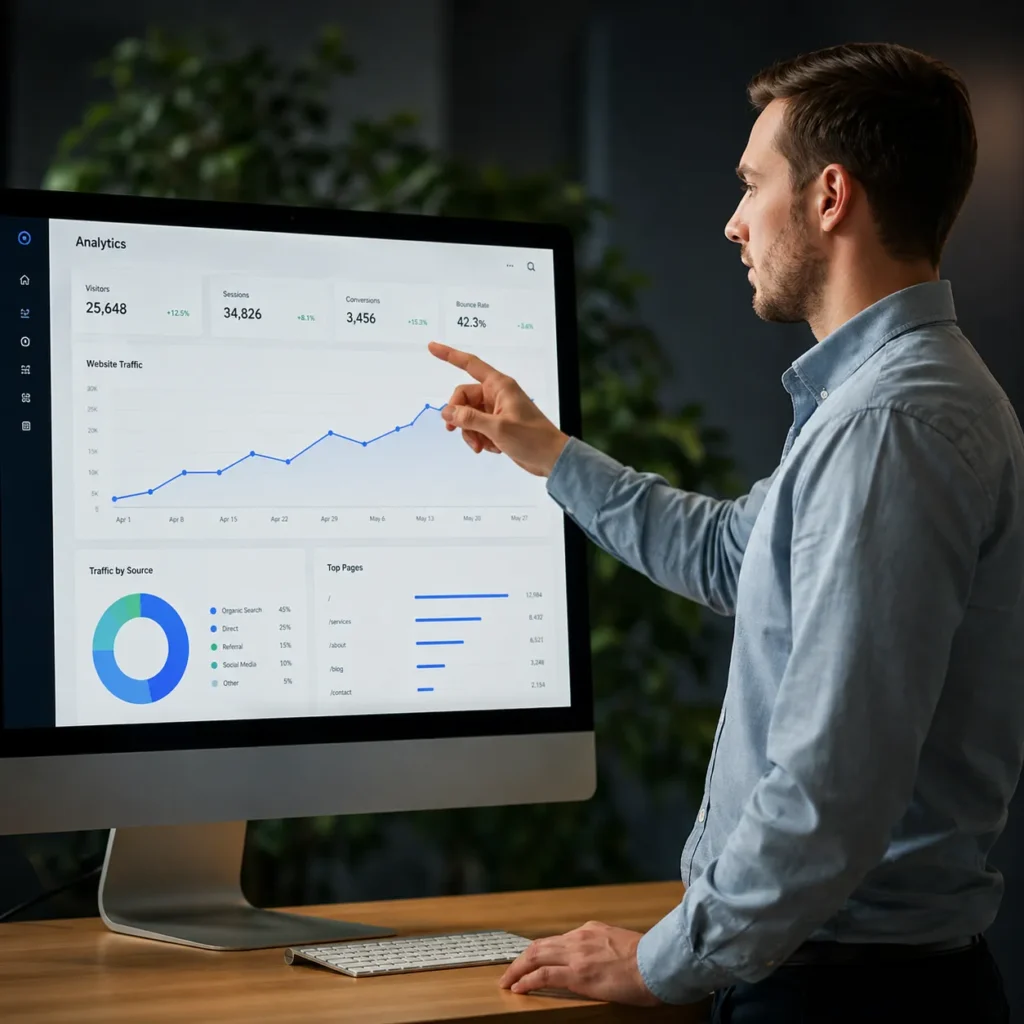 Profesional analizando métricas de tráfico y rendimiento de un negocio digital en pantalla