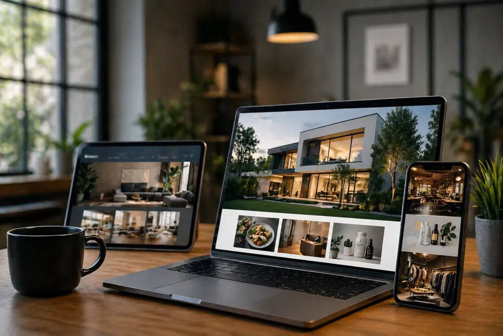 Sitios web profesionales mostrados en laptop, tablet y móvil como ejemplos de proyectos para negocios