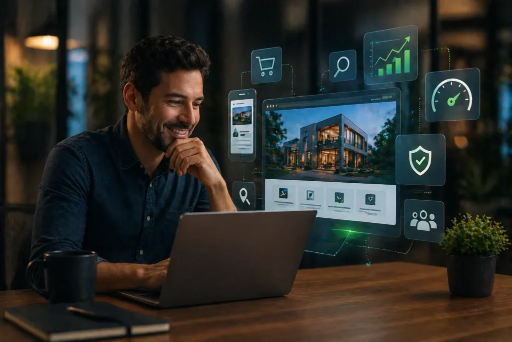 Pantalla mostrando servicios de diseño y desarrollo web para negocios con interfaz profesional